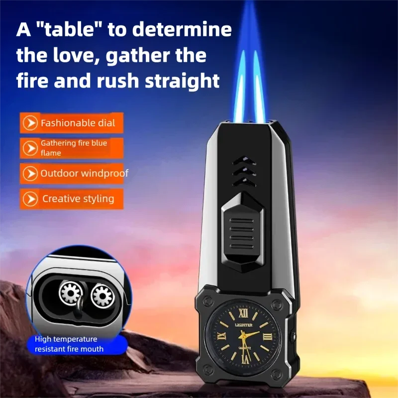 Outdoor BBQ Dual Jet Flame Small Torch Lighter, Compact Hand‑Held Lighter with Watch, High‑Power Cigar Lighter Smoke Accesoires