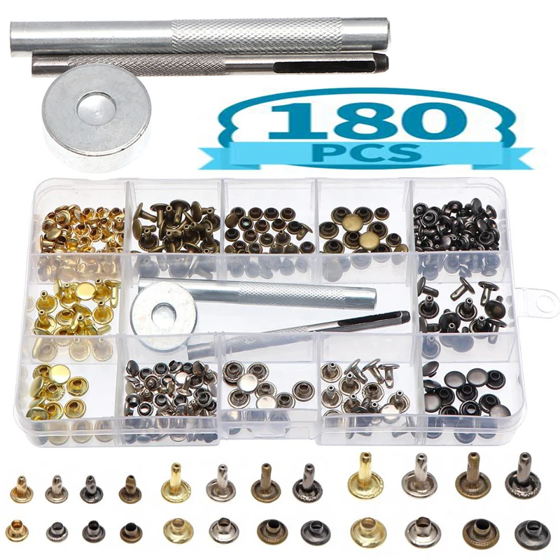 

180Pcs Leather Rivets Double Cap Metal Rivets Studs with Installation Fixing Tool For Clothing Bag Shoes DIY Craft Leather