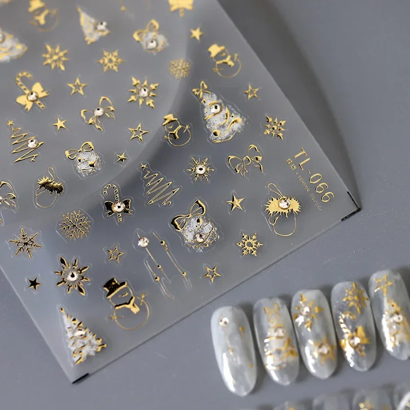 Gouden Sneeuwvlok Strik Sneeuwpop Mooie Kerst 3d Zelfklevende Nail Art Sticker Strass 5d Reliëfs Reliëfs Manicure Stickers