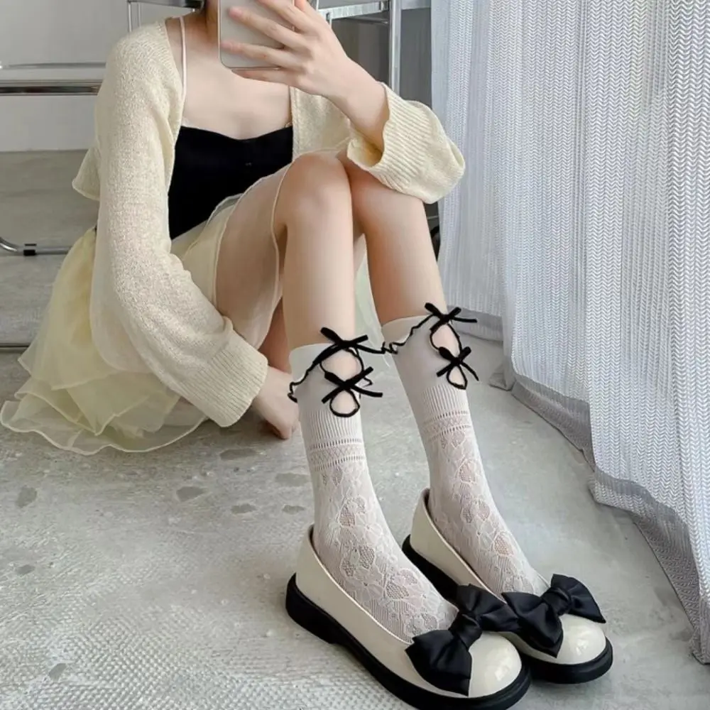 Soft Breathable Ruffle Trendy Embroidery Flower Calf Socks Middle Tube Girls Bow Socks Korean Style Socks Cotton Hosiery