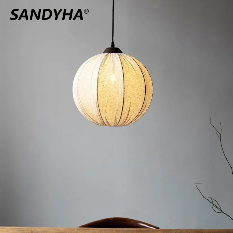 SANDYHA Modern Wabi Sabi Linen White Pendant Light Stylish Hanging Lamp for Dining Room Bedroom Living Room Decor Natural