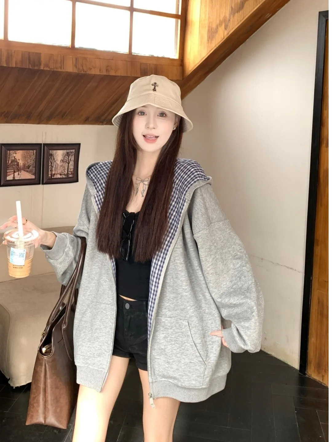

plus Size Women's Lazy Sle Casual Plaid Hooded Knitted Sweatirt Jaet Autumn New Loose Versatile Top Korean Version High...