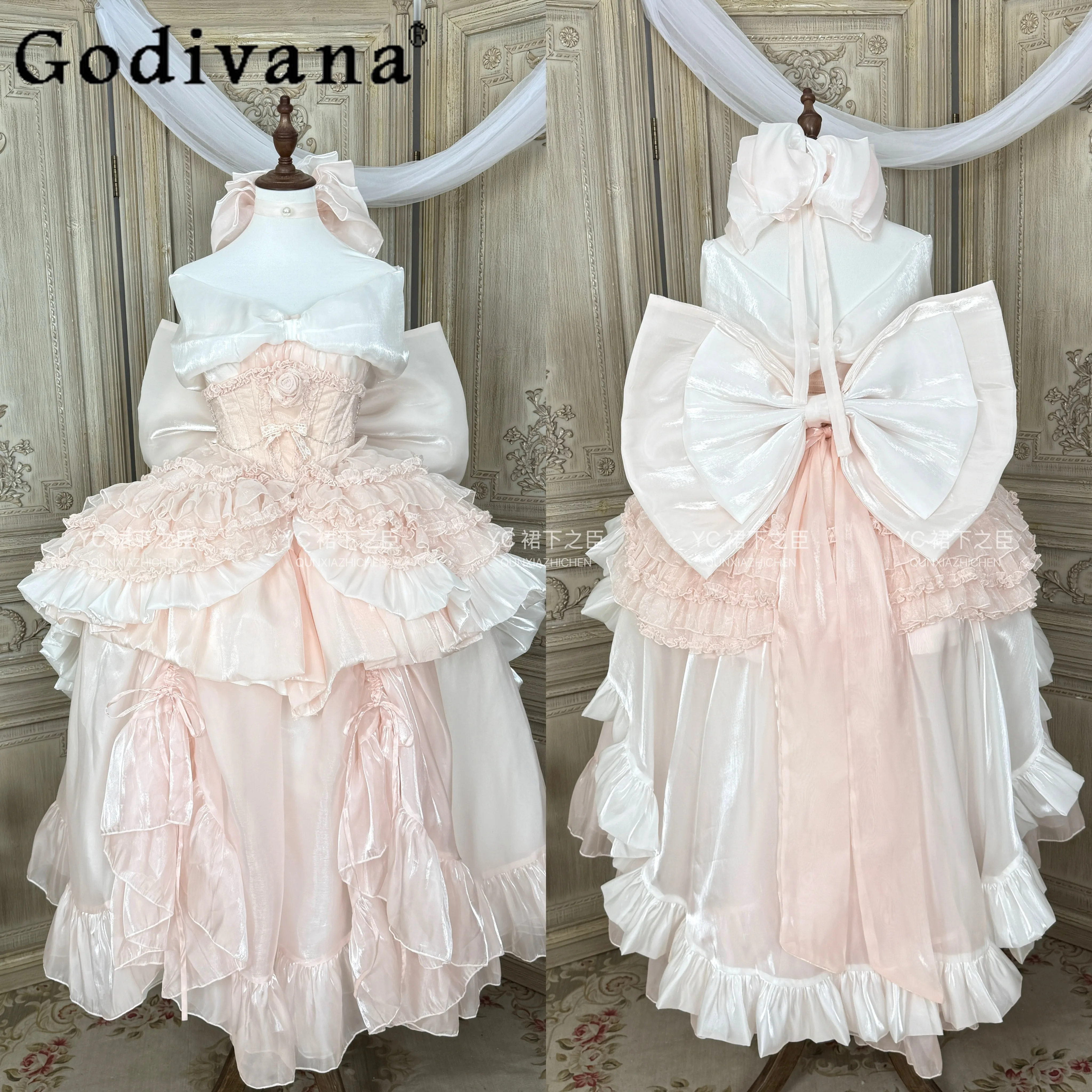 

Birthday Party Pink Lolita Dresses for Women Girls Sweet Elegant Big Bow Trailing Princess Dress Ladies Evening Dress Ball Gown