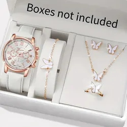 6PCS Fashion Women Watches Ladies Business White Leather Quartz Watch Womens Butterfly Necklace Earrings Bracelet Wristwatch