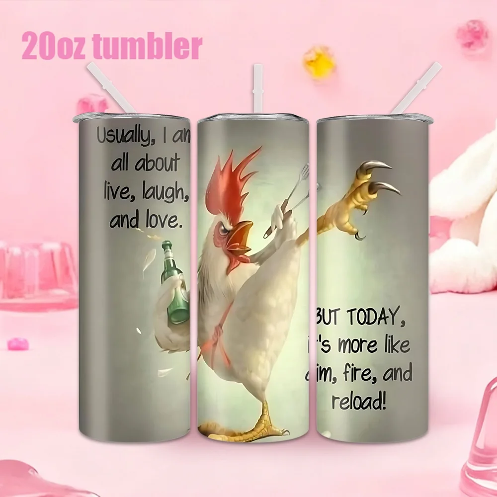 

1pc Stainless Steel Water Bottle/Tumbler featuring an "Angry Rooster Holding a Wine Bottle and Fork" Pattern – 20oz (591ml) – In
