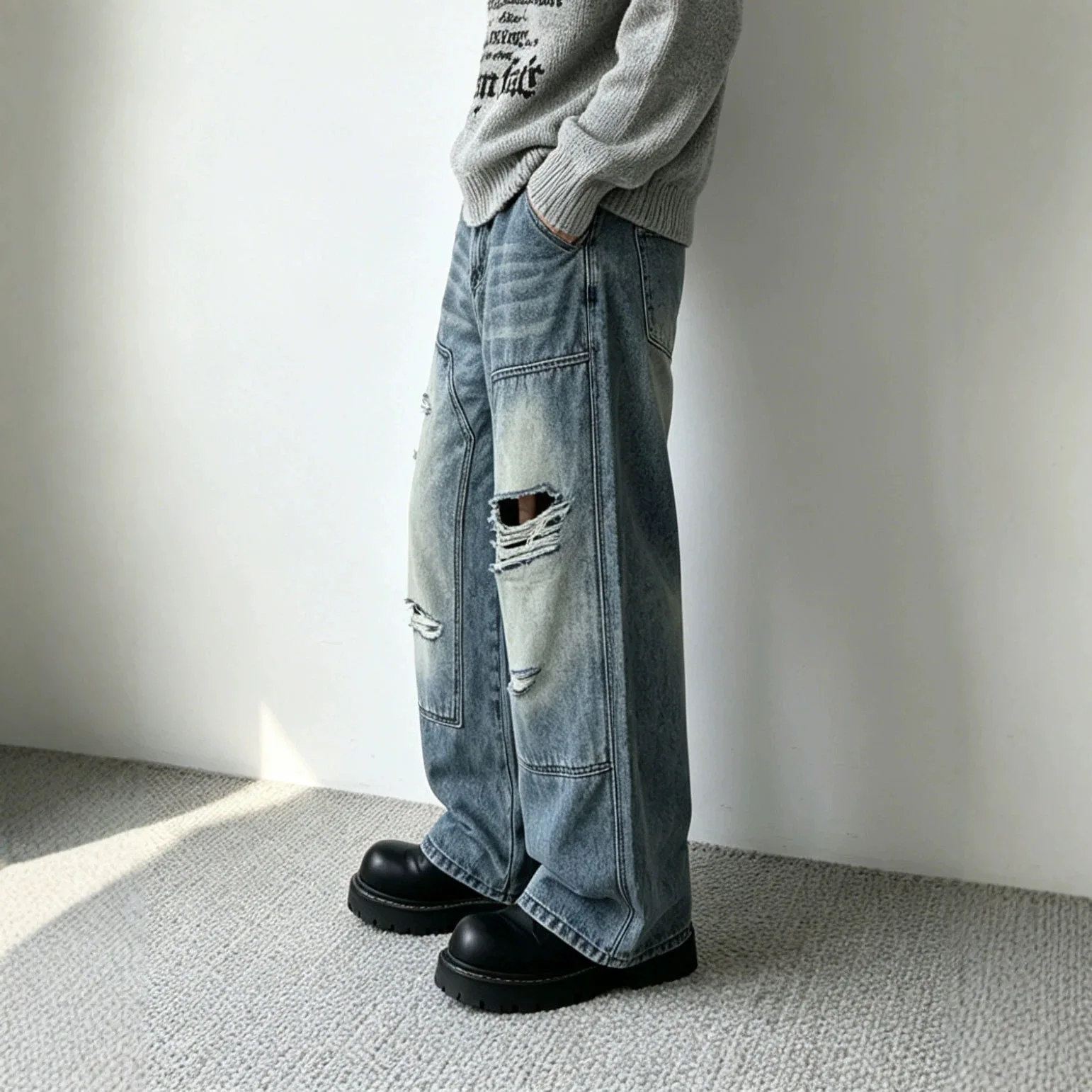 Vintage Fashion American Style Men Blue Wide Leg Hole Patched Wide Leg Casual Trendy Simple Basic Jean Pants Male Denim Trousers