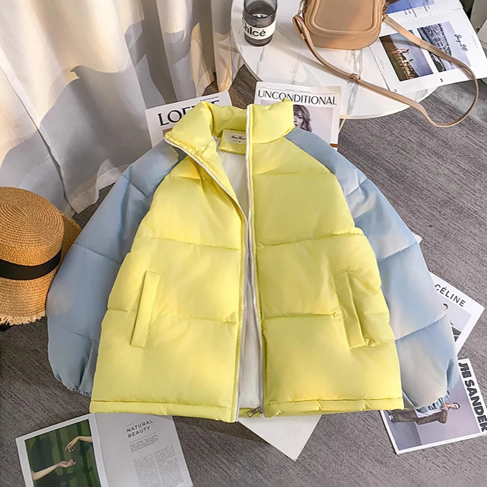 Mulheres inverno contraste cor casacos de algodão 2025 nova moda gola até pão jaqueta grosso quente algodão acolchoado parkas outerwear