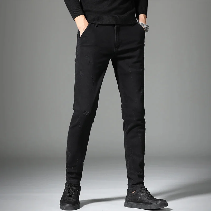 Calça jeans casual stretch justa masculina, calça de vaqueiro, jeans preto, roupas de streetwear, skinny, primavera e outono, 2024