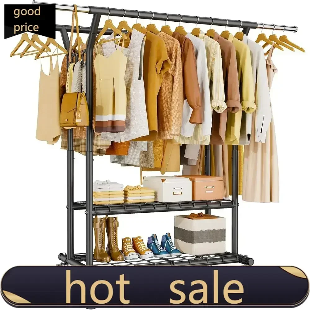 Activity price PopularPortable Heavy-Duty Double Rod Rolling Clothes Rack with Shelves, 620 lbs Capacity, Adjustable and Black