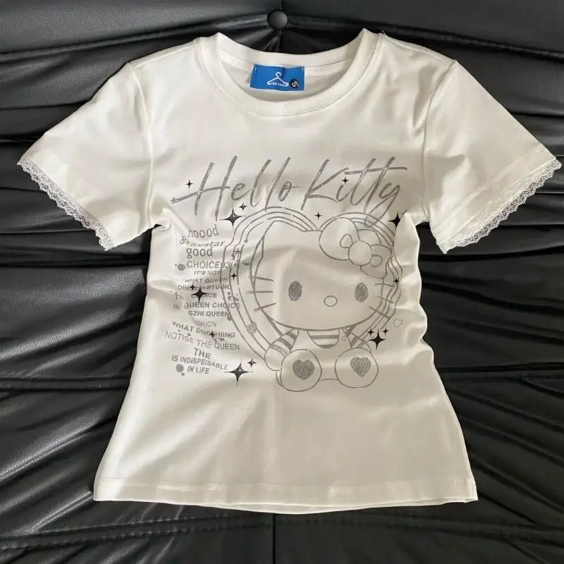Summer Women's New Sweet Cool Retro Hello Kitty Lace Short-Sleeved T-Shirt Slim Tops Cute Street Fashion 2026 Half-Sleeved Ins