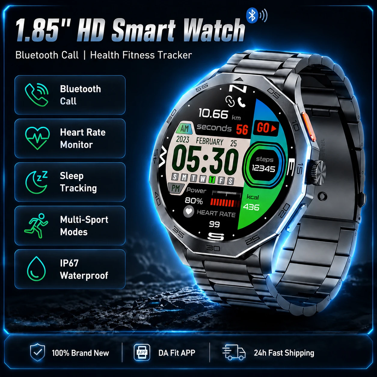 [DE Spedizione Veloce] Smartwatch uomo schermo HD 1,85″, chiamate Bluetooth, monitoraggio frequenza cardiaca e ossigeno nel sangue, fitness tracker, 100+ modalità sportive, impermeabile IP67,