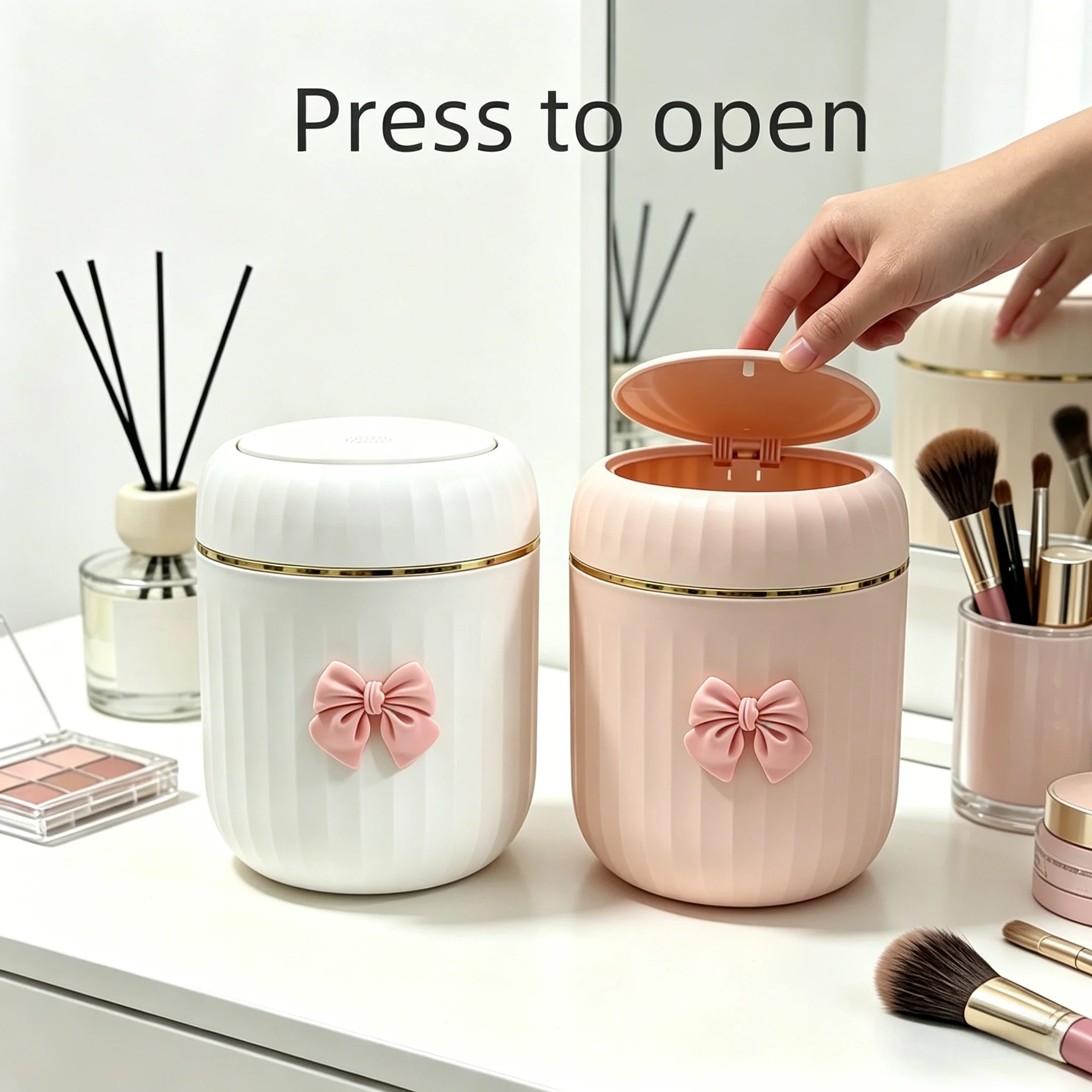 Press Open Trash Can with Lid Bow Decor Portable Desktop Storage Box No Power Needed Mini Garbage Bin for Office Home Room