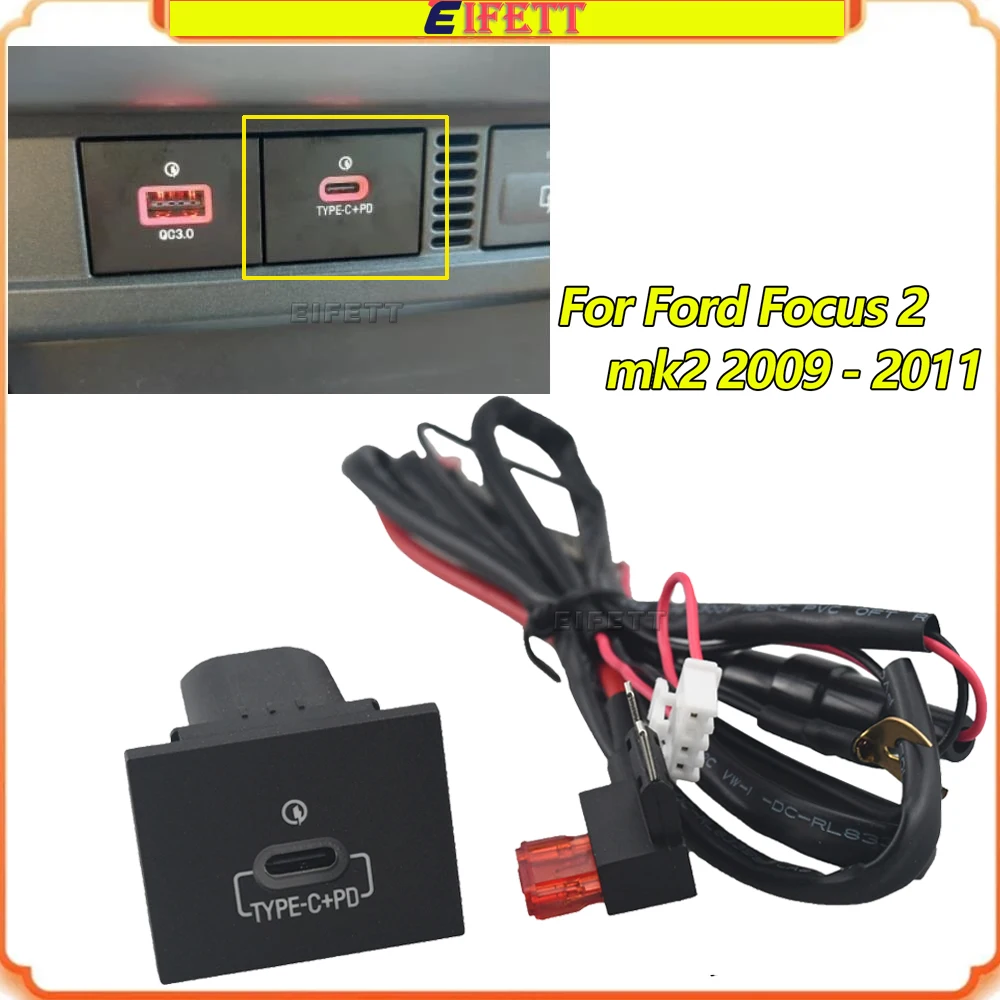 

For Ford Focus 2 Mk2 2009-2011 Car USB Charger PD Quick Charge Phone Charging Adapter Button with Red Backlight And Fuse