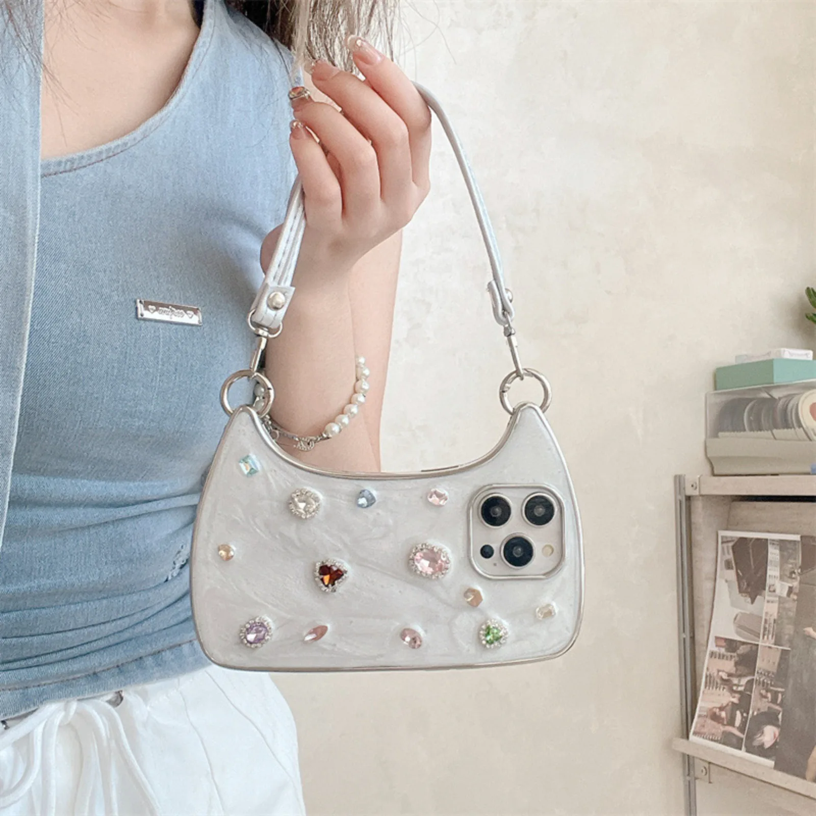 

Luxury Sparkling Gemstone Lady Handbag Phone Case for iPhone 16 Pro Max 15 14 Plus 13 12 11 XS MAX X 7P Glitter Shockproof Cover