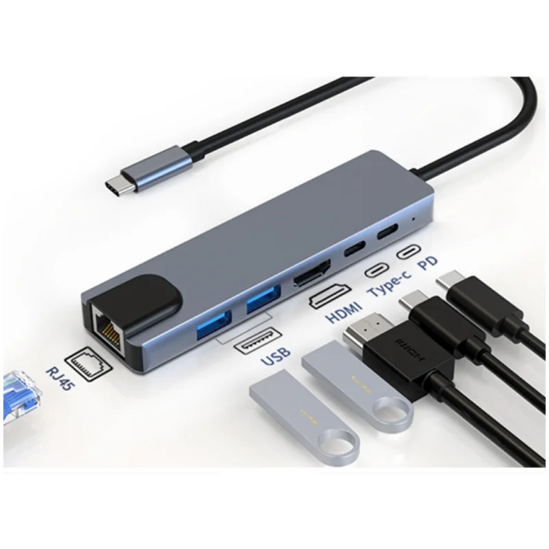 6 In 1 USB C Docking Station Multiport Hub 4K@30Hz HDMI USB3.0 5Gbps Data Transfer 100W PD Fast Charging Type C Expansion Dock