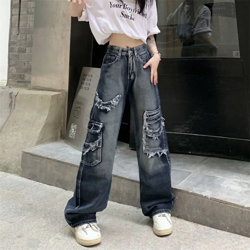 

Women Vintage Y2K Streetwear Baggy Cargo Jeans High Waisted Straight Wide Leg Pants Denim Trousers Fairy Grunge Alt Clothes