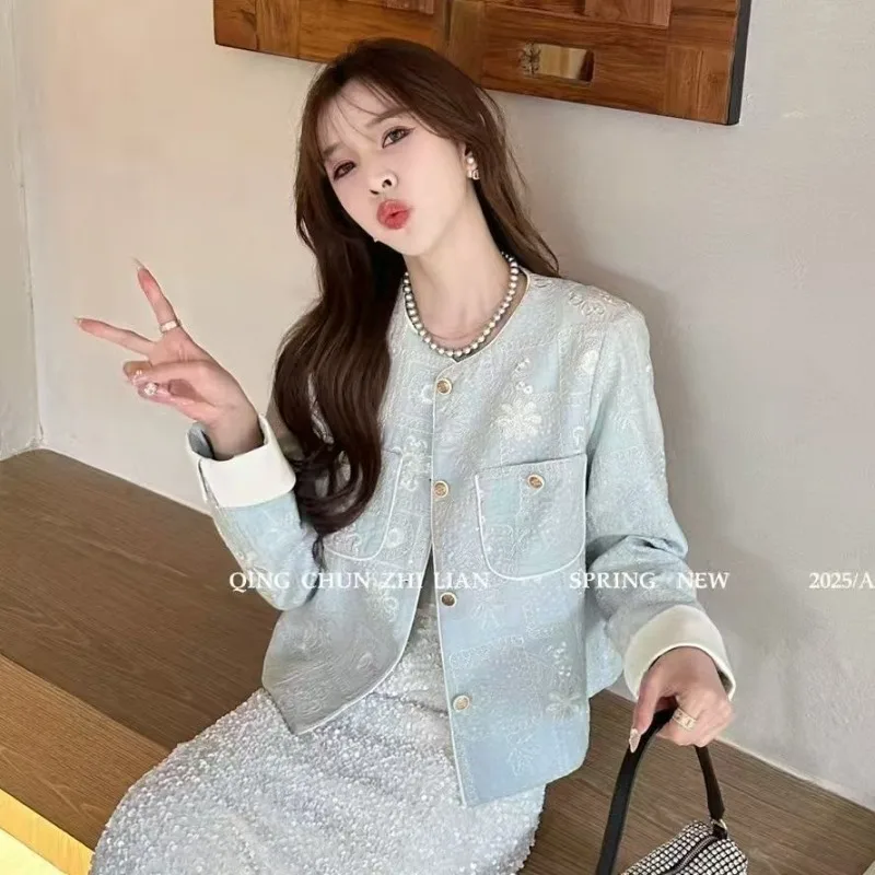 

Blouse Jacket Women's Spring Embroidered Sequin Denim Loose-fit Comfortable Minimalist Casual Niche Versatile Fashionable Unique