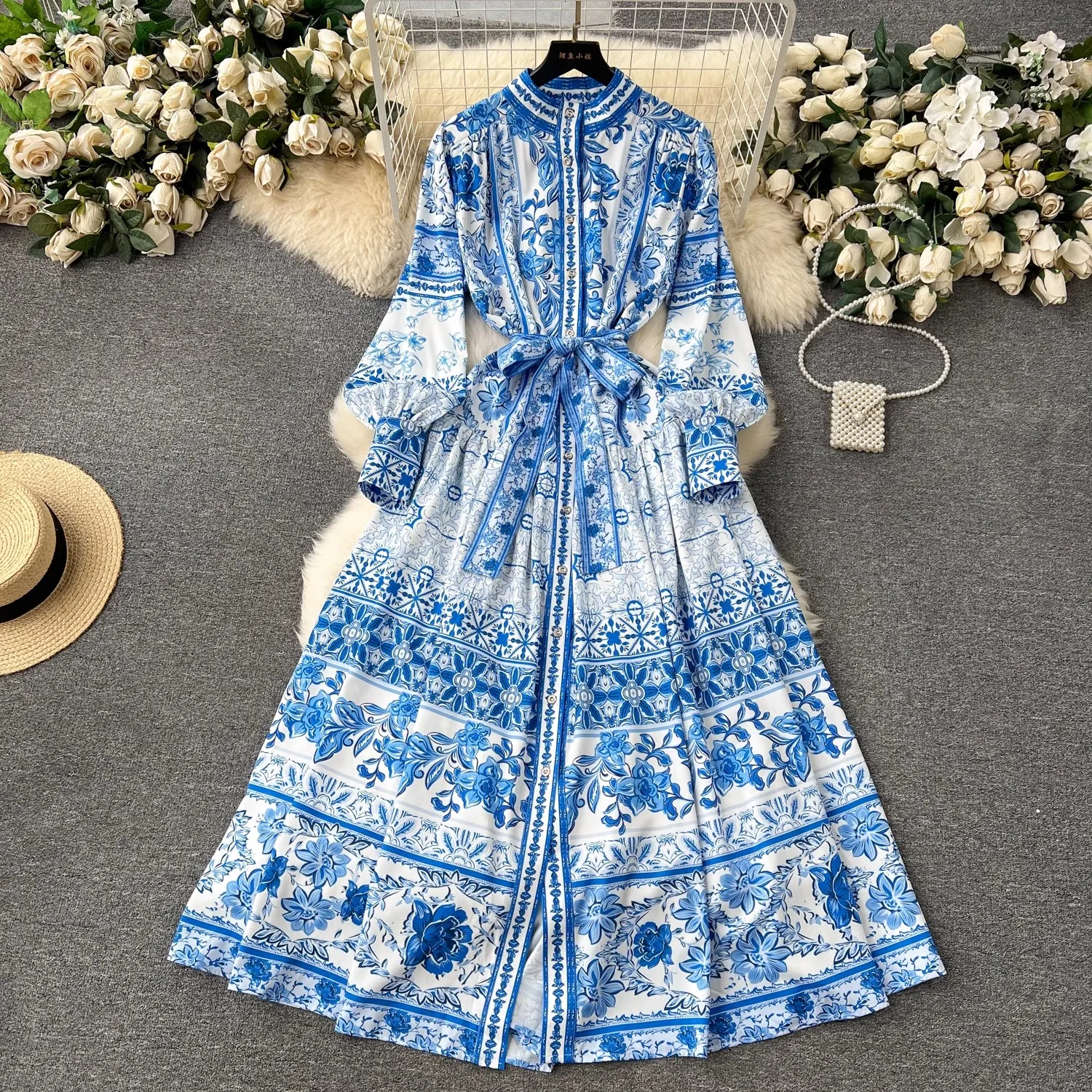 

2024 New Spring Runway Blue And White Porcelain Long Dress Women's Lantern Sleeve Stand Lace Up Maxi Robe Party Vestidos 8738