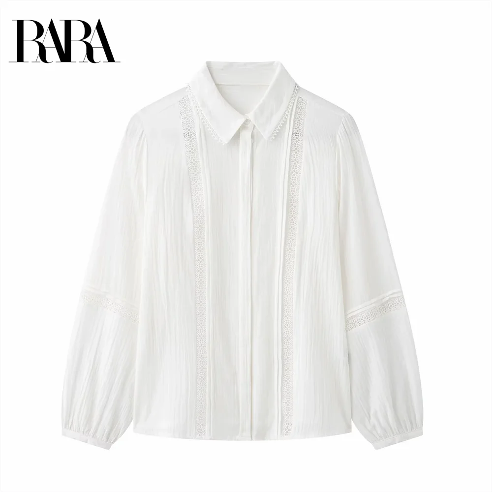 2025 RARA Women's Crisp - Collar Long - sleeve Blouse in White with Delicate Lace Detailing for a Feminine Touch