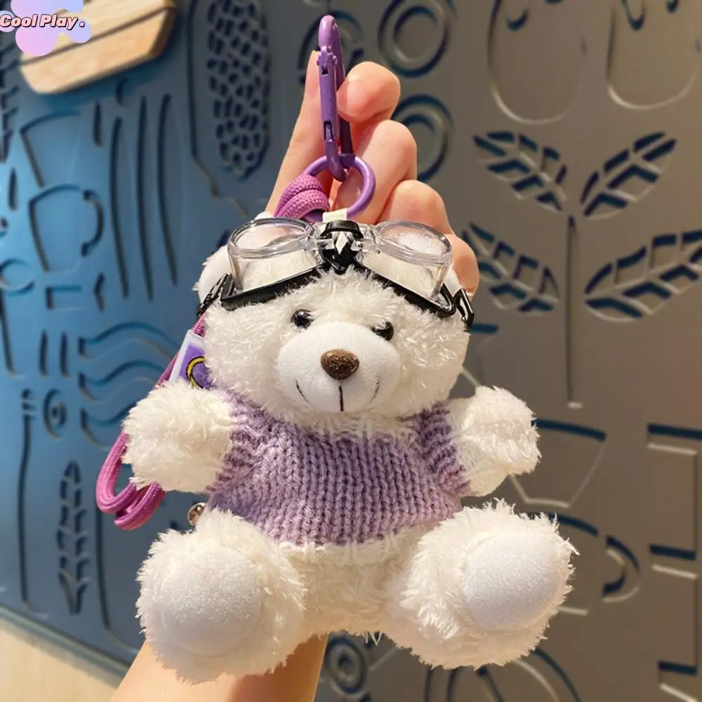 

Lovely Goggles Pilot Bear Keychain Bell Pearl Plush Bear Key Ring Hanging Rope Cartoon Stuffed Animal Pendant Backpack