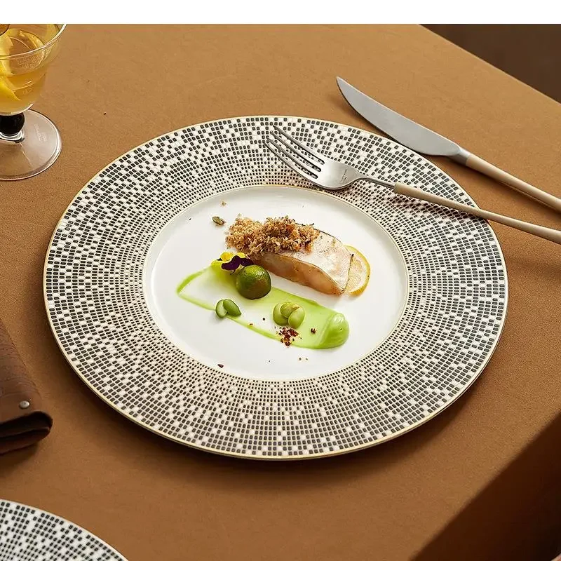 Irregular Hand Drawn Gilding Ceramic Flat Plate Restaurant Steak Dessert Pasta Plates Molecular Cuisine Tableware