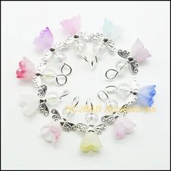 20Pcs New Gradient Mixed Acrylic Angel Charms Silver Plated Morning Glory Flower Pendants DIY J048