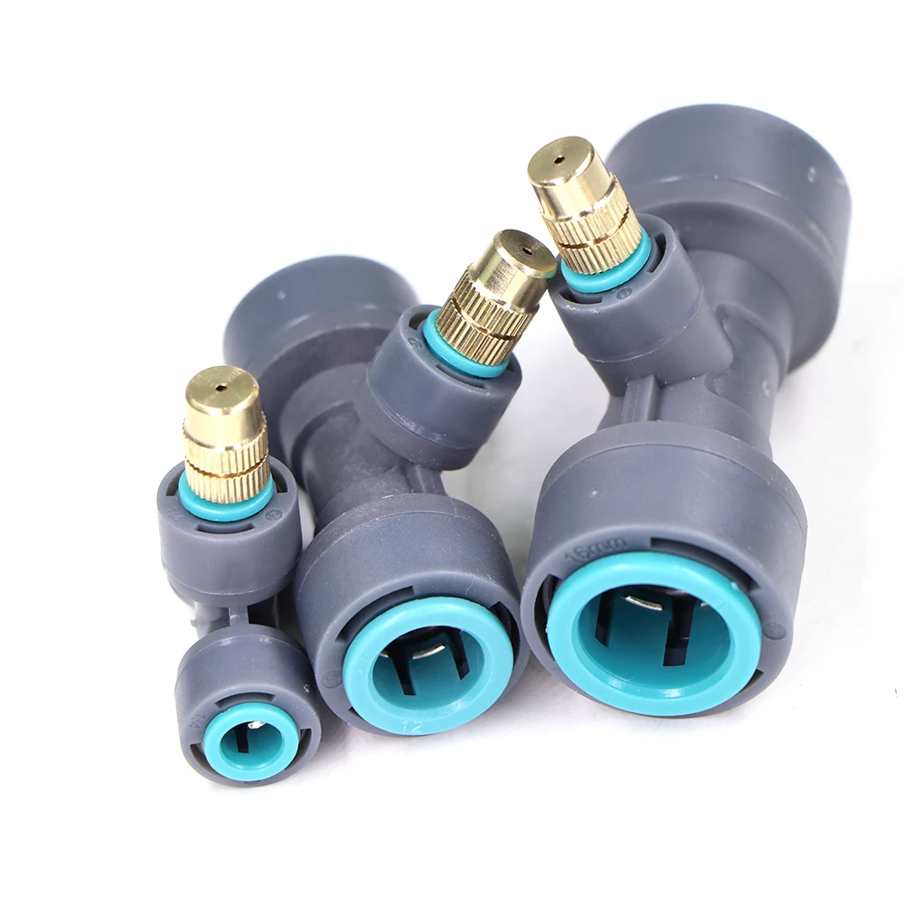 Adjustable Brass Mist Nozzle with Tee for OD-6mm 12mm 16mm PE Hose Garden Atomized Irrigation System Sprayer Atomizing Sprinkler