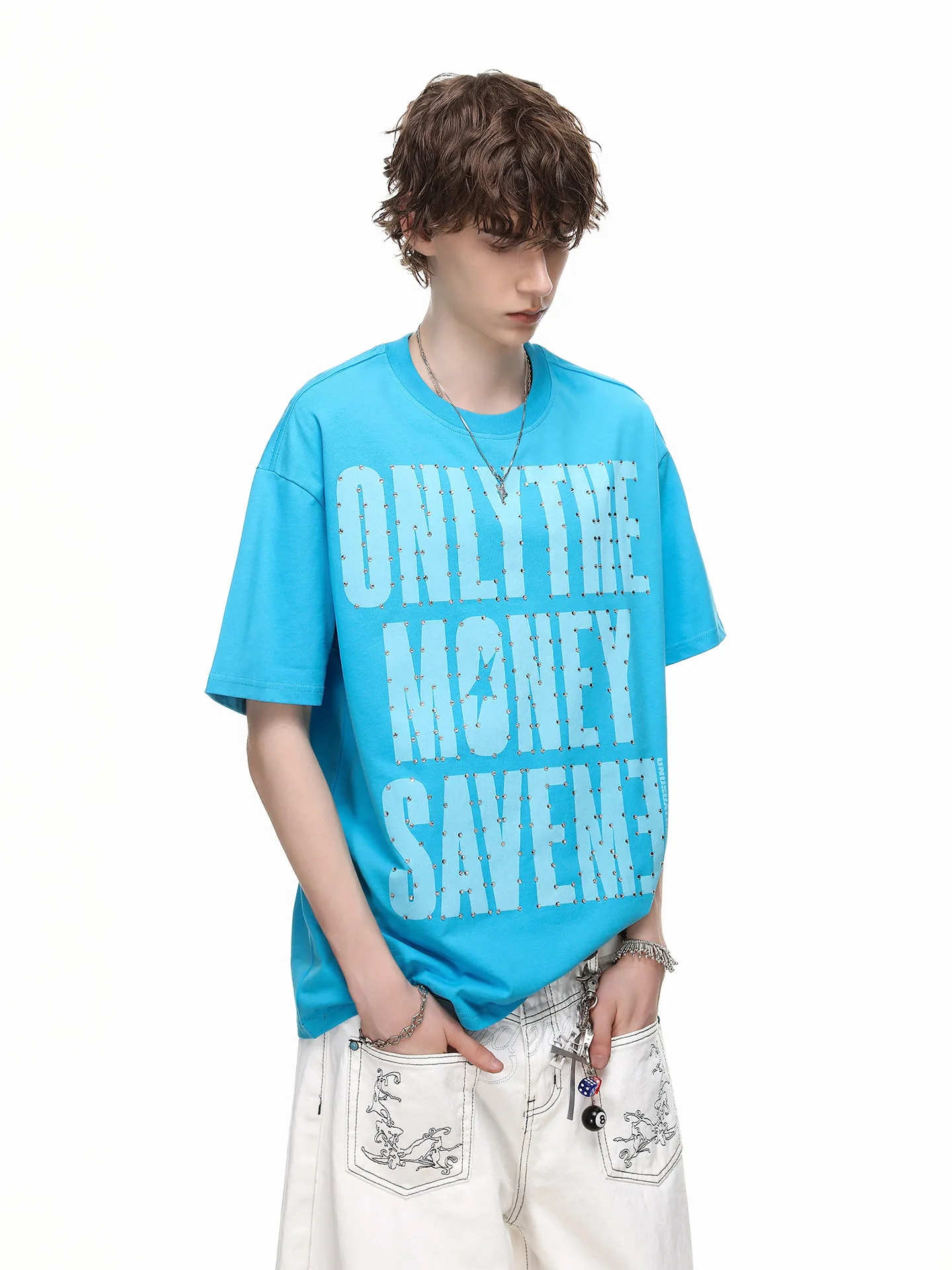 Men's Blue Black Rhinestone Letter Print T-shirt Loose Casual American Streetwear Yellow White Round Neck Short Sleeve Tops