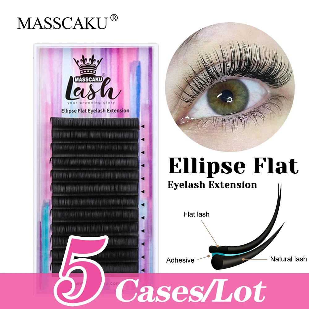 

High Quality 5cases/lot MASSCAKU C D Curl Cashmere Ellipse Flat False Lash Waterproof Multi-texture Double Tips Lashes in Stock