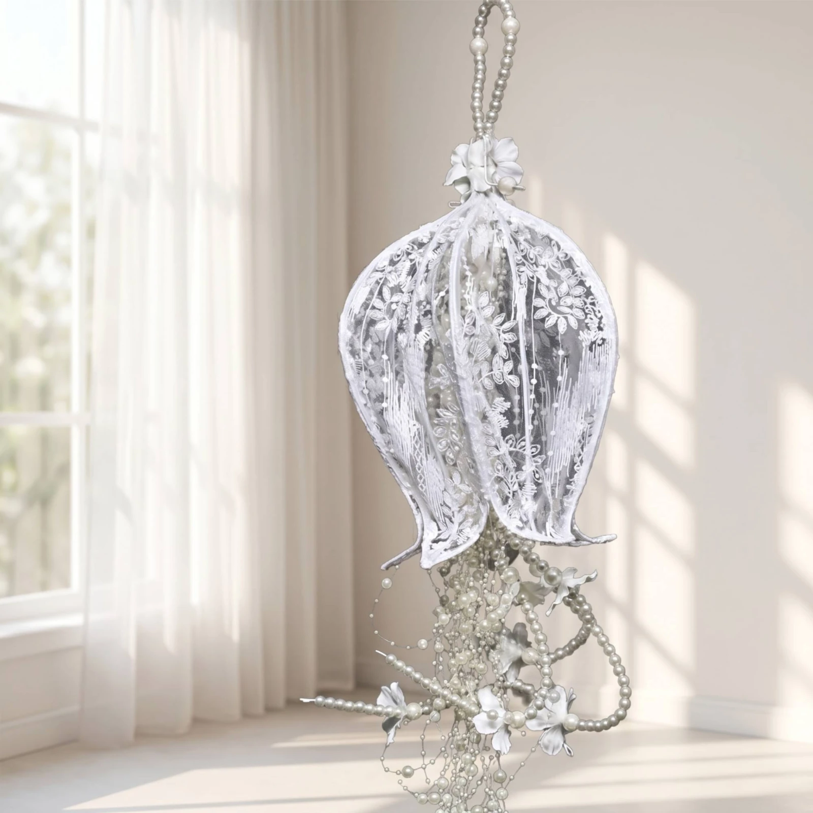 Hanging Floral Bell with Pearls Elegant Lace Bell Ornament with Beads Hanging Ornament with Pearls Romantic Decoration Versatile