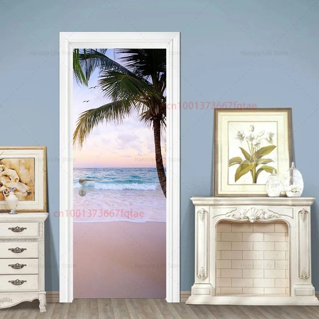 3D Tropical Beach Door Sticker Palm Tree Seaside Sunset Ocean Underwater Landscape Removable Self Adhesive Wallpaper Home Decor view 4