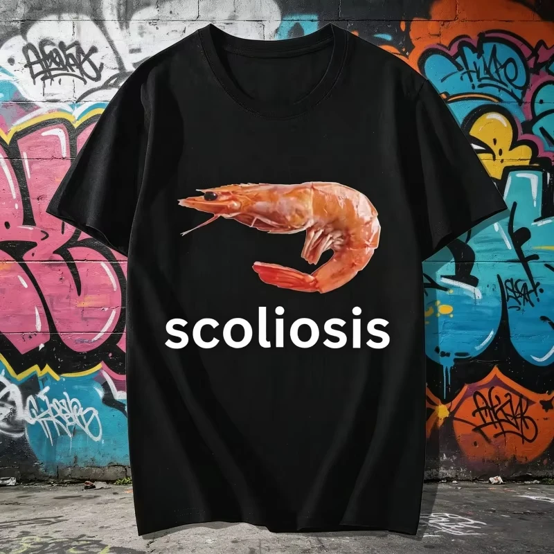 Scoliosis Shrimp Funny Meme Graphic T Shirt Men Women Weird Viral Internet Meme Loose Y2K Streetwear Humor Short Sleeve Tops