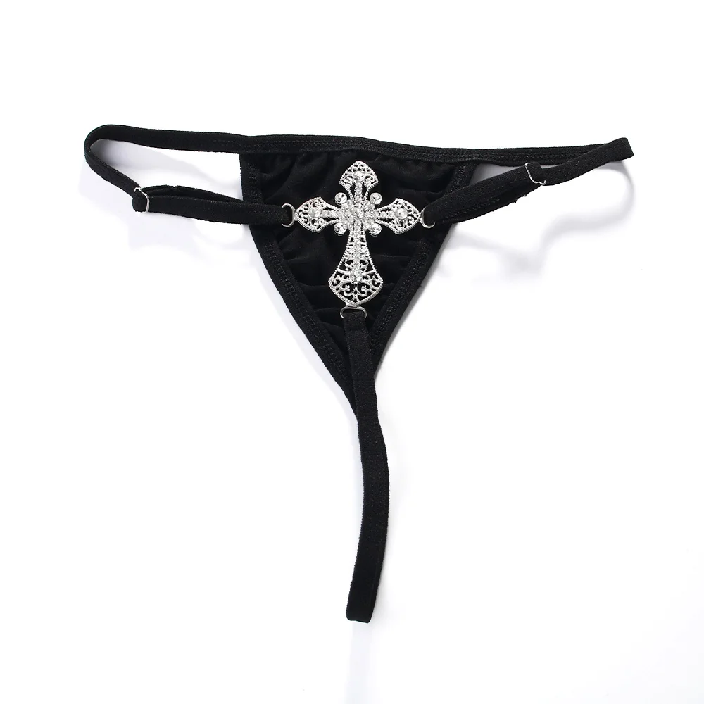 Stonefans المبالغة كبيرة الصليب حجر الراين ثونغ الجسم سلسلة للنساء مثير منخفضة الخصر الأحمر الأسود القماش سراويل رفيعة مجوهرات