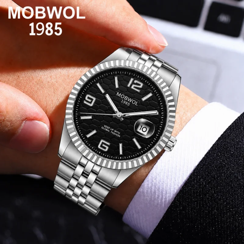 

MOBWOL 1985 High Quality Original Men Clock Waterproof Luminous Date Luxury Man Watch Stainless Steel Quartz Men's Watches