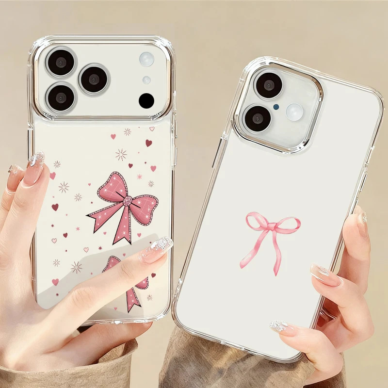 Funda con Estampado de Lazos Rosas para iPhone 17 Pro Max, iPhone 16, 15, 14, 13 Pro Max, 11, 17e, 16e, Marco de Lente Plateado, Cubierta de Silicona Transparente