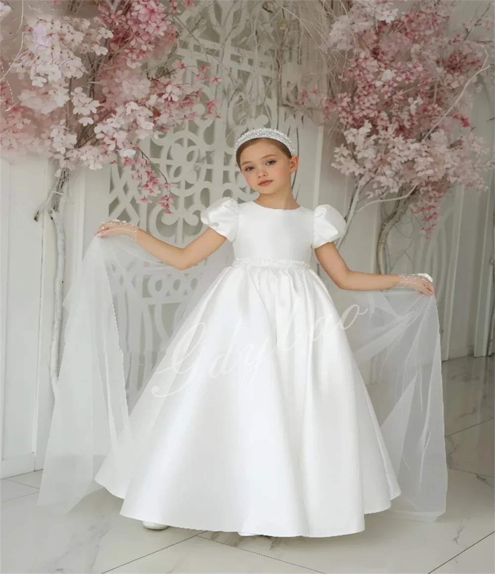 

Элегантное розовое атласное длинное платье с фонариком и короткими рукавами для детского дня рождения, настраиваемое для первого причастия