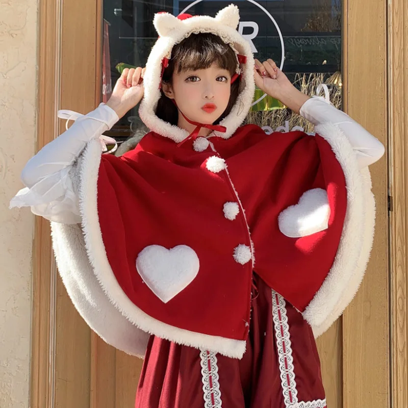 

Women Cute Kawaii Lolita Cloak Sherpa Fleeced Cape Warm Poncho Hoodie Coat Japanese Girl Plus Velvet Thick Outwear Cloak Shawl