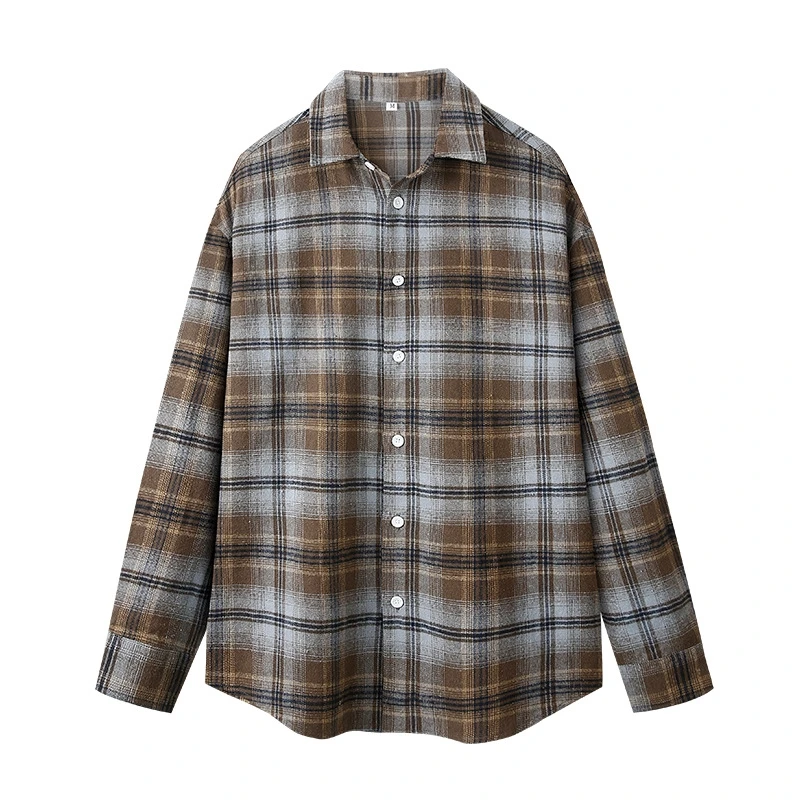 Unisex Plaid Button Down Shirt Men Women Spring Casual Long Sleeve Blue Brown Checkered Loose Fit Basic Daily Wear Top view 6