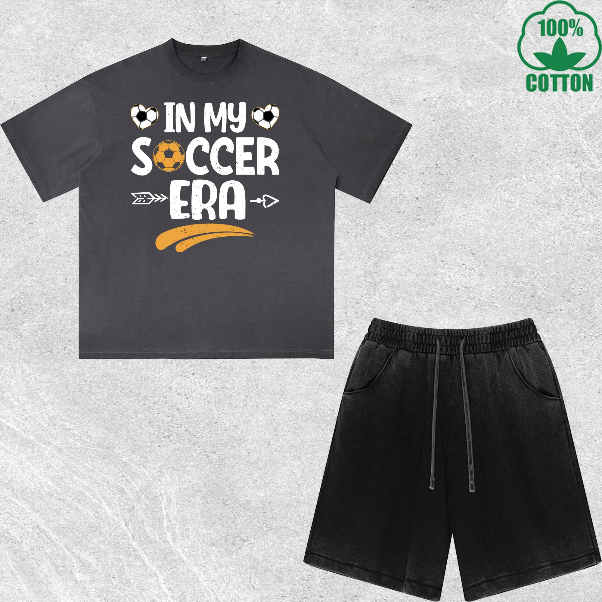 

In My Soccer Era Printed Dirty Wash T-Shirt Shorts Set Multicolor Combo Loose Trendy Fashionable 100%Cotton Short Value Pack