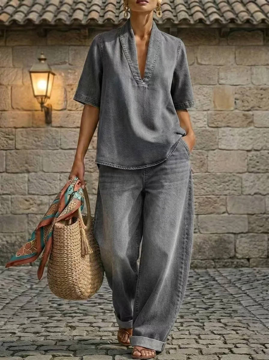 New Women's Denim 2 Piece Outfit V-Neck Short Sleeve Loose Top Wide Leg Pants with Pockets Vintage Washed Casual Summer Chic