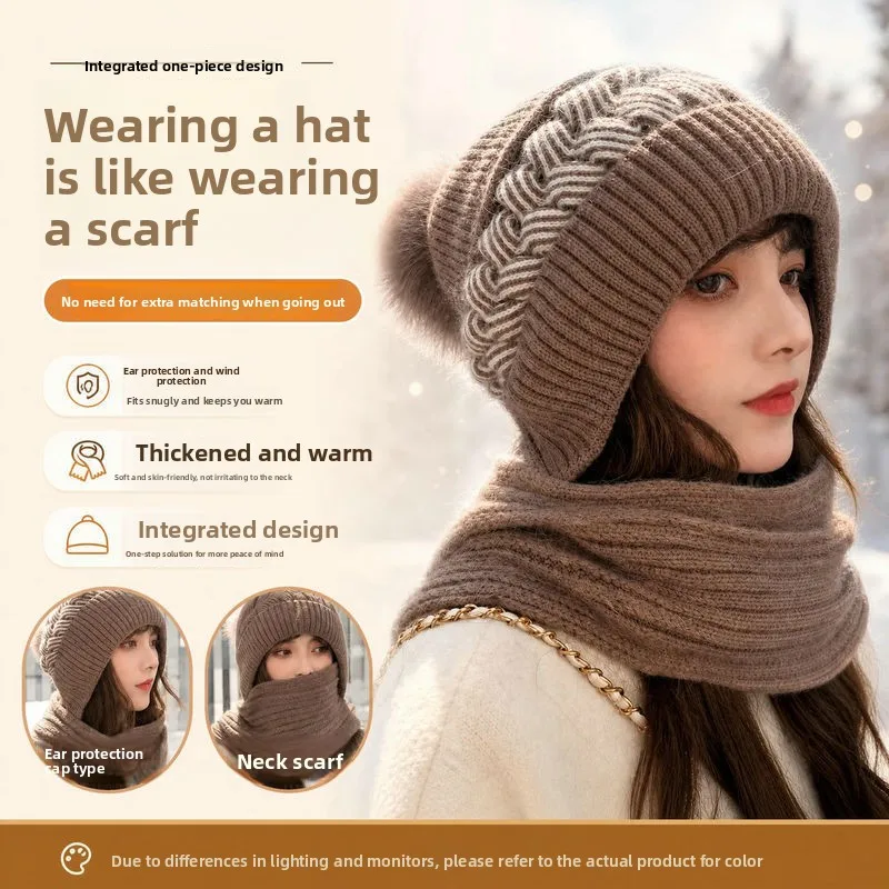 Autumn Winter Knitted Wool Hat Adult Warm Ear Protection Integrated Hat Scarf Sleeve Set Unisex Outdoor Cozy Thermal Beanie
