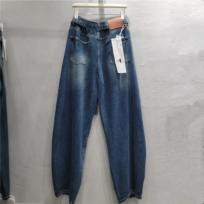 ANJY Spring Autumn New Women Chic Washed Diamonds Sashes Design Straight Leg Jeans Trendy Fashion High Street Denim Pants A28221