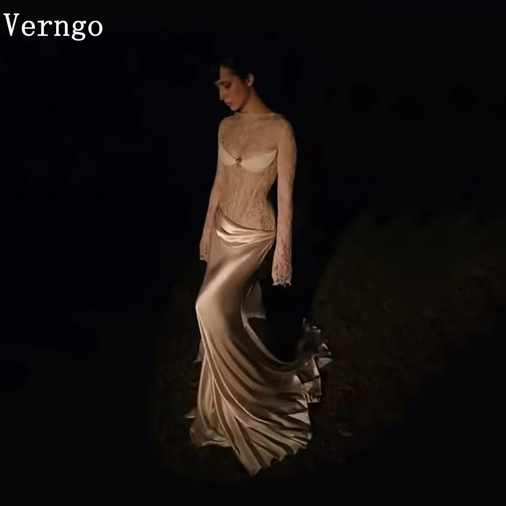 

Verngo lvory Satin Bridal Gowns High Neck Full Sleeves Mermaid Bridal Gowns Sexy Side Slit Bride Dresses Customized