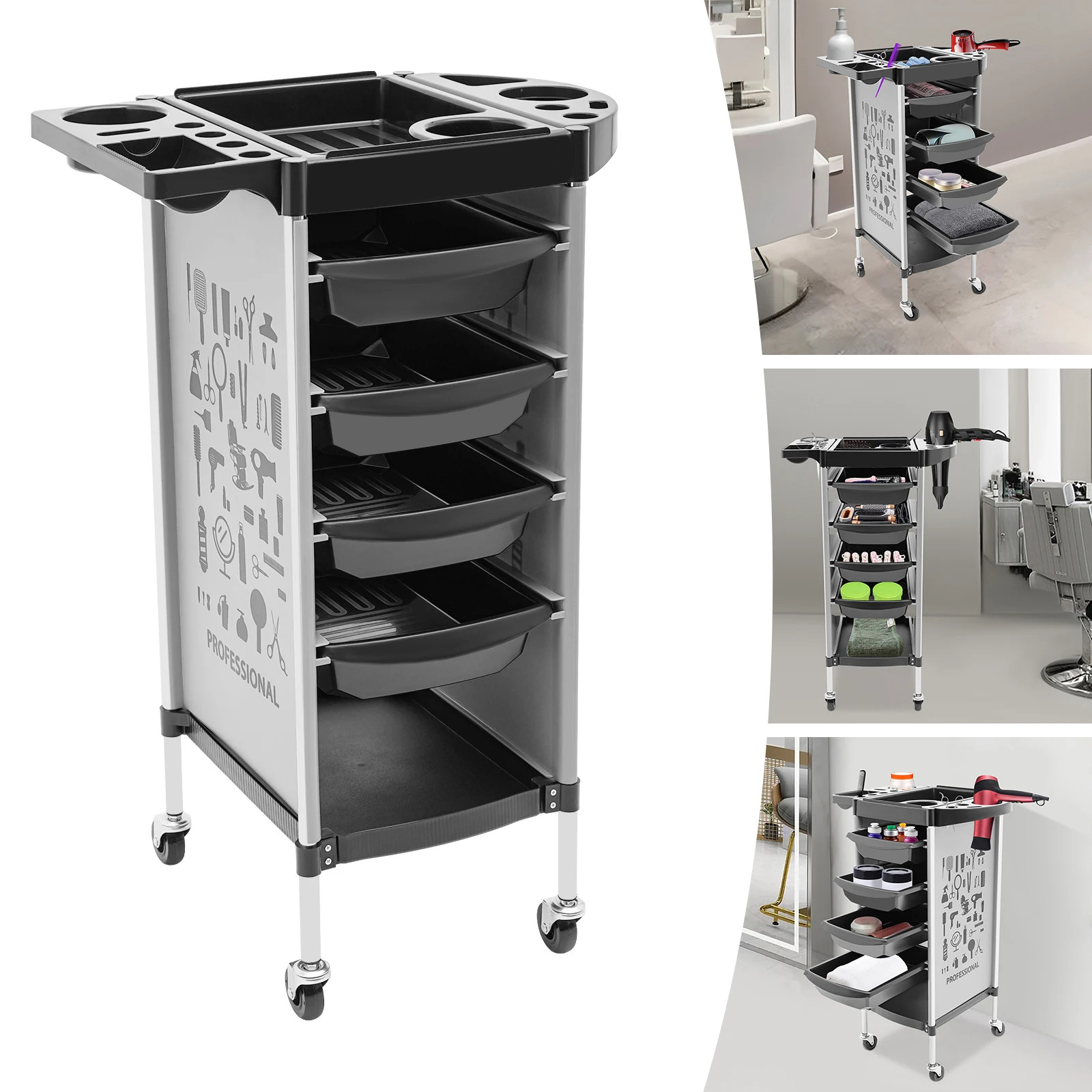 Salon Trolley Cart with Wheels, 4 Drawers, Hair Cart Rolling Storage Organizer Barber Station, Salon Cart for Hair Stylist