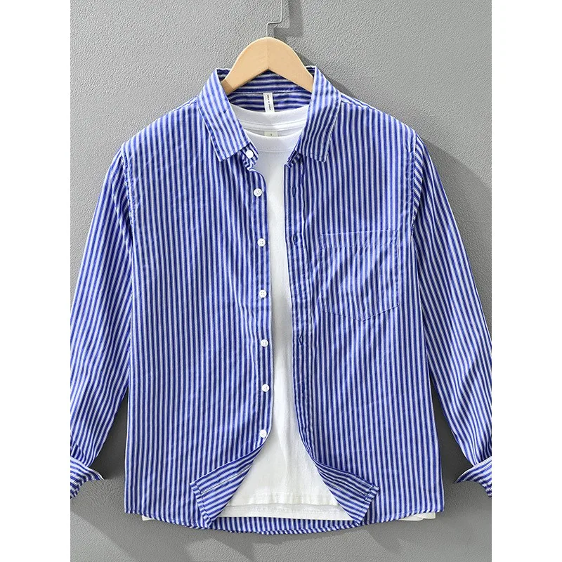 

Casual Men's Long Sve Striped irt Breathable Autumn New Sle Fre Lightweight Classic Collar Open Cardigan Faionable