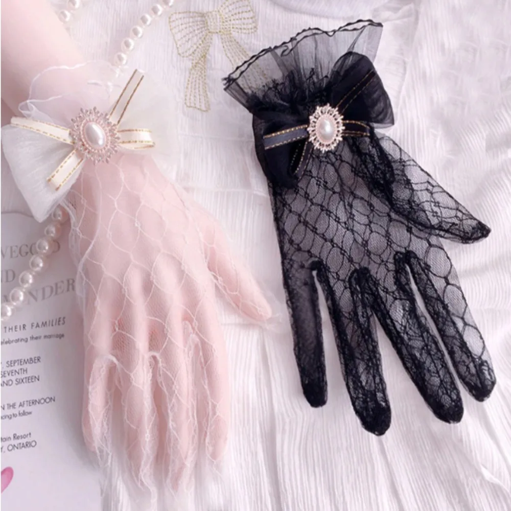 

Gothic Black White Lace Gloves Lovely Soft Lace Flower Lace Gloves Gothic Lolita Mesh Bow Glove Cosplay