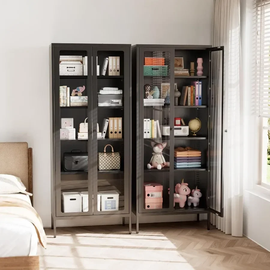 Metal display cabinet for home office, living room, pantry; black glass; 67 tall with glass doors and 4 shelves; scratch-resist