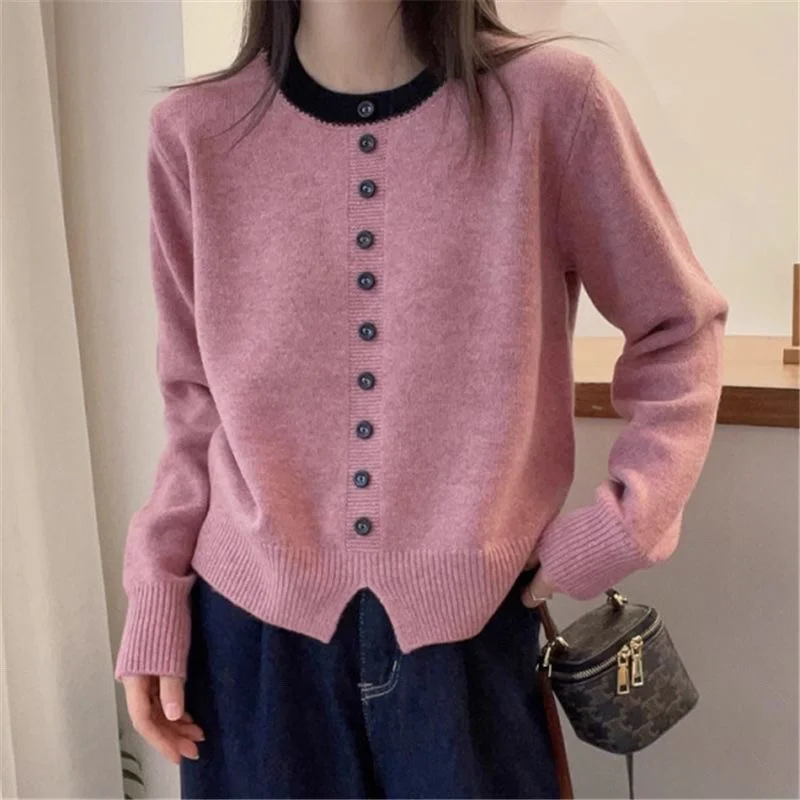 Sweater Rajut Kerah Bulat Desain Korea Kancing Satu Baris Wanita Musim Semi Gugur Baru Serbaguna Atasan Pullover Jumper Wanita