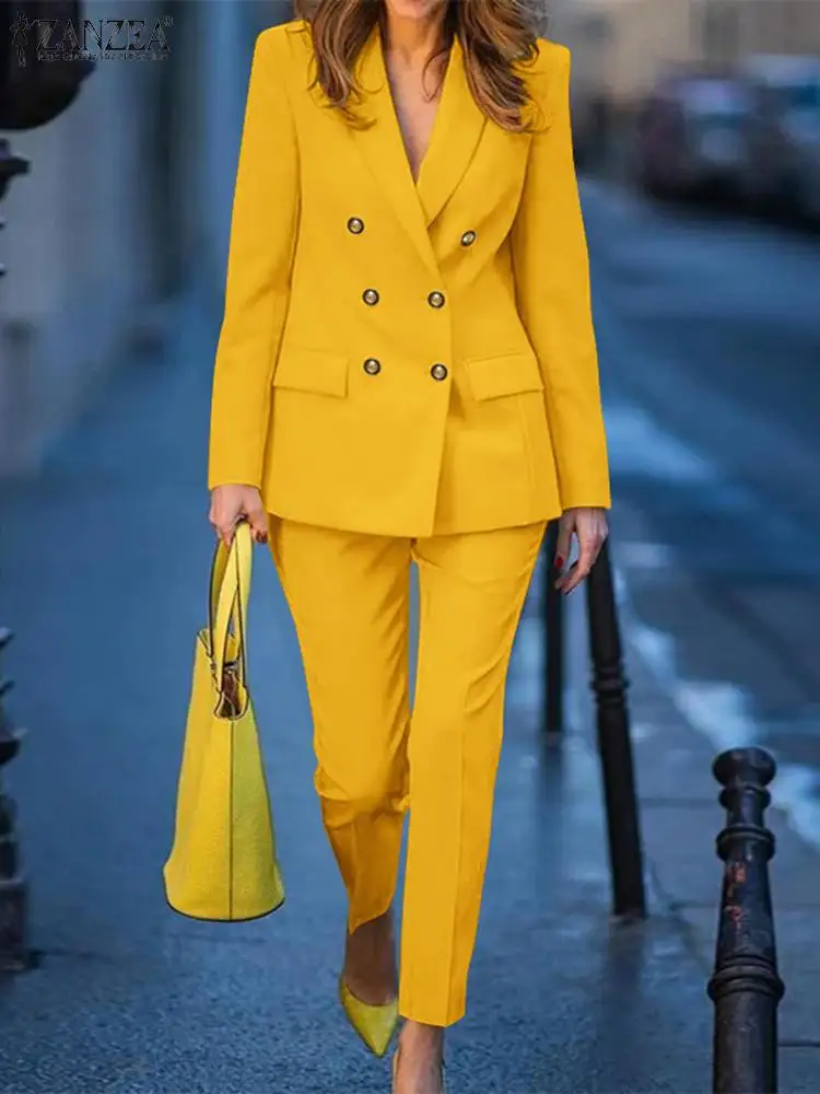 2 szt. Wiosenne marynarki garnitury moda jednolite spodnie garnitury biurowa dama dresy ZANZEA damskie eleganckie zestawy spodni roboczych OL