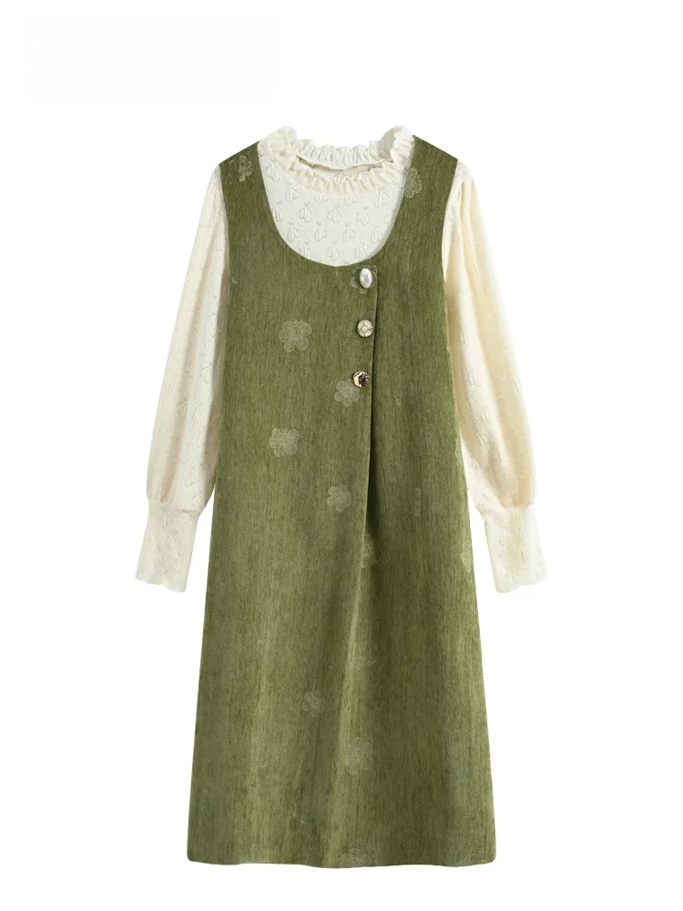 

Casual Two-Piece Set Women's plus Size Spring Season Bottom Shirt Dress Sweet Style Loose Fit Velvet Fabric Long Sleeve round...